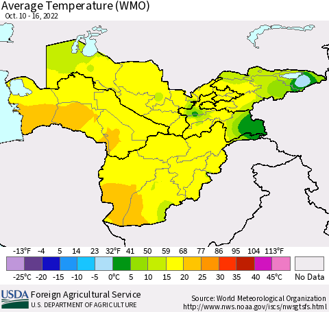 Central Asia Average Temperature (WMO) Thematic Map For 10/10/2022 - 10/16/2022