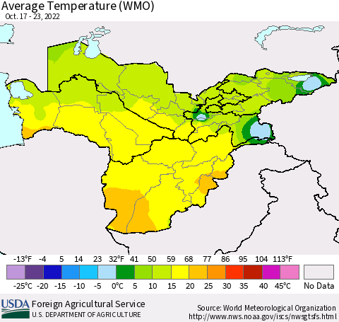 Central Asia Average Temperature (WMO) Thematic Map For 10/17/2022 - 10/23/2022