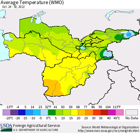 Central Asia Average Temperature (WMO) Thematic Map For 10/24/2022 - 10/30/2022
