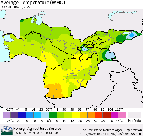 Central Asia Average Temperature (WMO) Thematic Map For 10/31/2022 - 11/6/2022