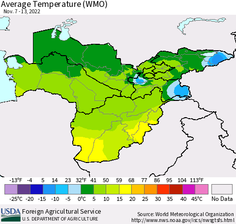 Central Asia Average Temperature (WMO) Thematic Map For 11/7/2022 - 11/13/2022