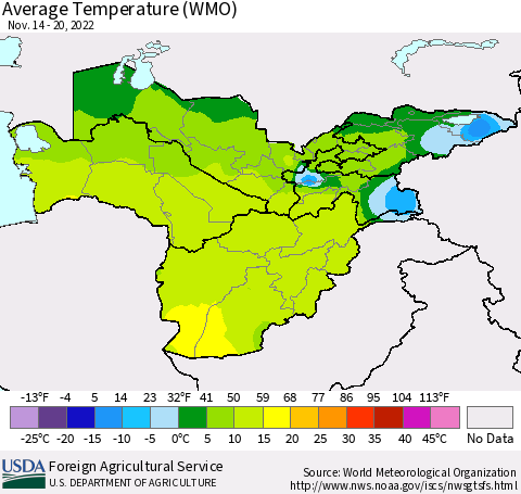 Central Asia Average Temperature (WMO) Thematic Map For 11/14/2022 - 11/20/2022