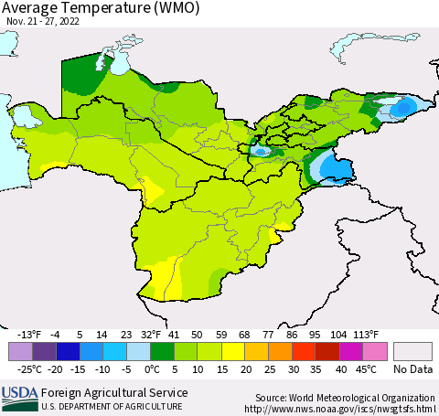 Central Asia Average Temperature (WMO) Thematic Map For 11/21/2022 - 11/27/2022