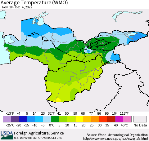 Central Asia Average Temperature (WMO) Thematic Map For 11/28/2022 - 12/4/2022