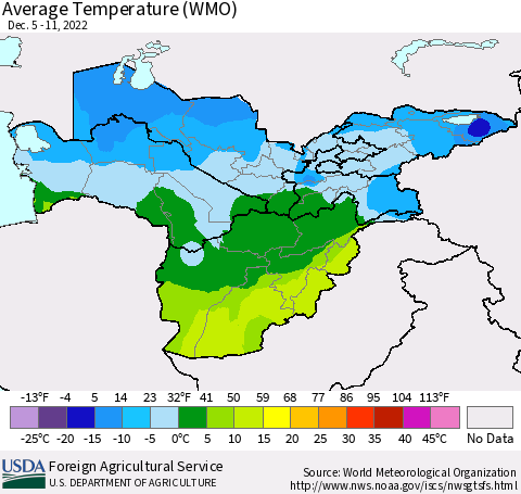Central Asia Average Temperature (WMO) Thematic Map For 12/5/2022 - 12/11/2022