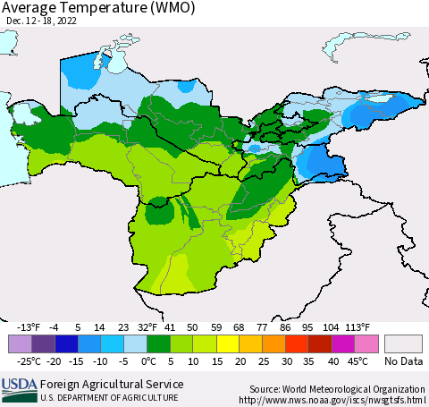 Central Asia Average Temperature (WMO) Thematic Map For 12/12/2022 - 12/18/2022