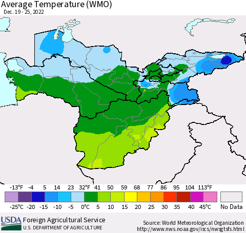 Central Asia Average Temperature (WMO) Thematic Map For 12/19/2022 - 12/25/2022