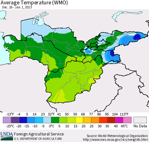 Central Asia Average Temperature (WMO) Thematic Map For 12/26/2022 - 1/1/2023