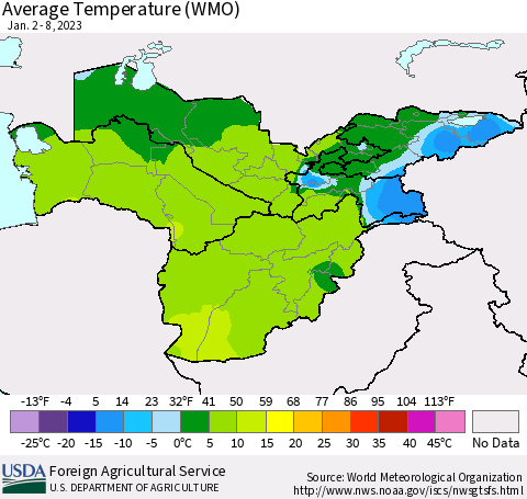 Central Asia Average Temperature (WMO) Thematic Map For 1/2/2023 - 1/8/2023