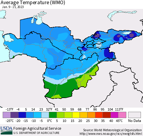 Central Asia Average Temperature (WMO) Thematic Map For 1/9/2023 - 1/15/2023