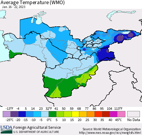 Central Asia Average Temperature (WMO) Thematic Map For 1/16/2023 - 1/22/2023