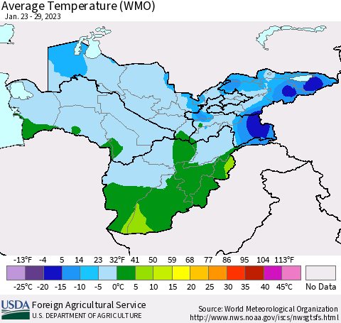 Central Asia Average Temperature (WMO) Thematic Map For 1/23/2023 - 1/29/2023
