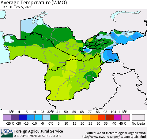 Central Asia Average Temperature (WMO) Thematic Map For 1/30/2023 - 2/5/2023