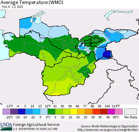 Central Asia Average Temperature (WMO) Thematic Map For 2/6/2023 - 2/12/2023