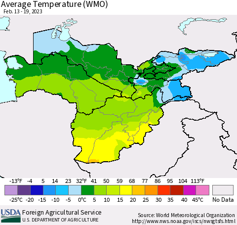 Central Asia Average Temperature (WMO) Thematic Map For 2/13/2023 - 2/19/2023
