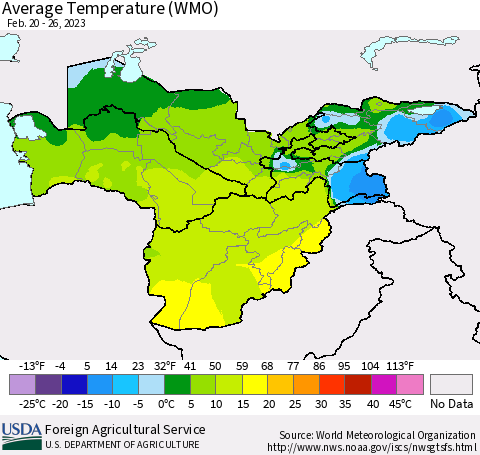 Central Asia Average Temperature (WMO) Thematic Map For 2/20/2023 - 2/26/2023
