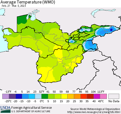 Central Asia Average Temperature (WMO) Thematic Map For 2/27/2023 - 3/5/2023