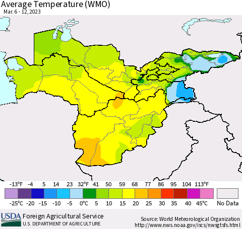 Central Asia Average Temperature (WMO) Thematic Map For 3/6/2023 - 3/12/2023