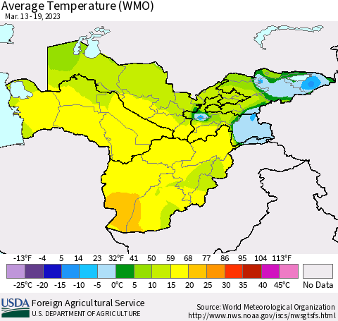 Central Asia Average Temperature (WMO) Thematic Map For 3/13/2023 - 3/19/2023