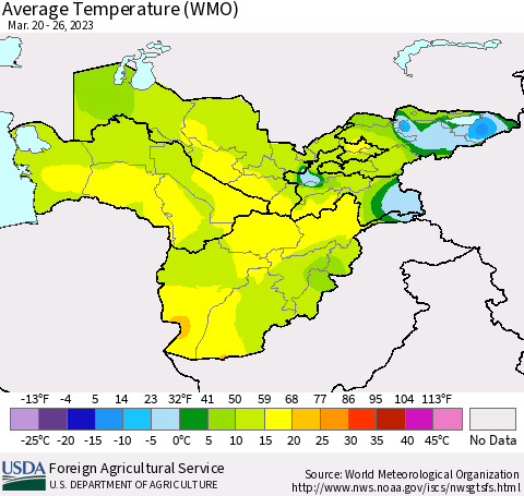 Central Asia Average Temperature (WMO) Thematic Map For 3/20/2023 - 3/26/2023