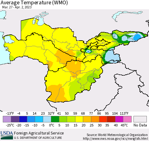 Central Asia Average Temperature (WMO) Thematic Map For 3/27/2023 - 4/2/2023