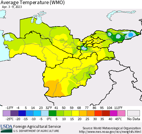 Central Asia Average Temperature (WMO) Thematic Map For 4/3/2023 - 4/9/2023