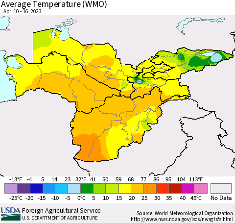 Central Asia Average Temperature (WMO) Thematic Map For 4/10/2023 - 4/16/2023