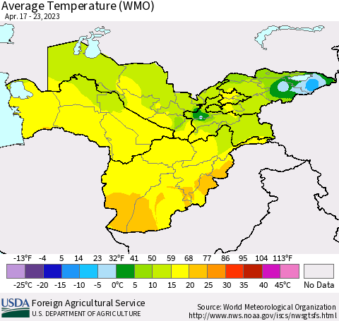 Central Asia Average Temperature (WMO) Thematic Map For 4/17/2023 - 4/23/2023