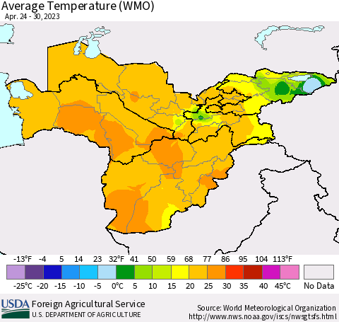 Central Asia Average Temperature (WMO) Thematic Map For 4/24/2023 - 4/30/2023