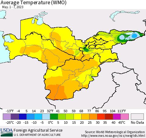 Central Asia Average Temperature (WMO) Thematic Map For 5/1/2023 - 5/7/2023