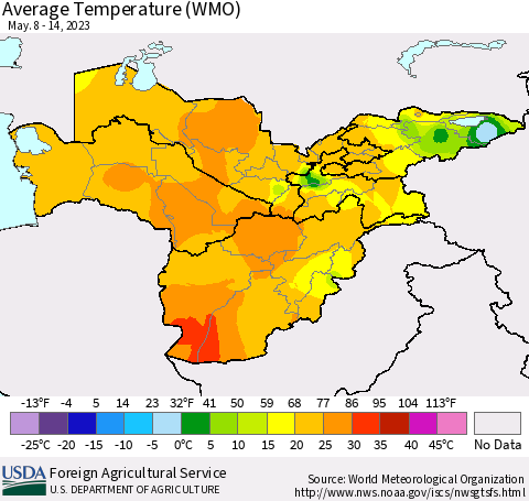 Central Asia Average Temperature (WMO) Thematic Map For 5/8/2023 - 5/14/2023