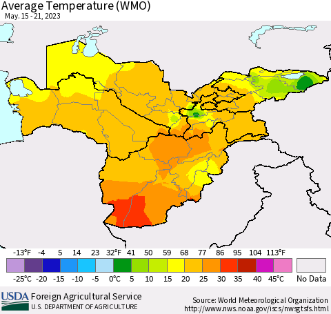 Central Asia Average Temperature (WMO) Thematic Map For 5/15/2023 - 5/21/2023