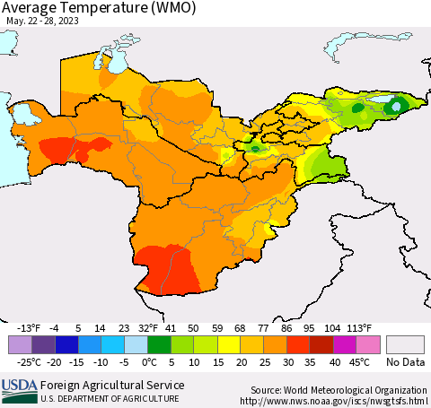 Central Asia Average Temperature (WMO) Thematic Map For 5/22/2023 - 5/28/2023