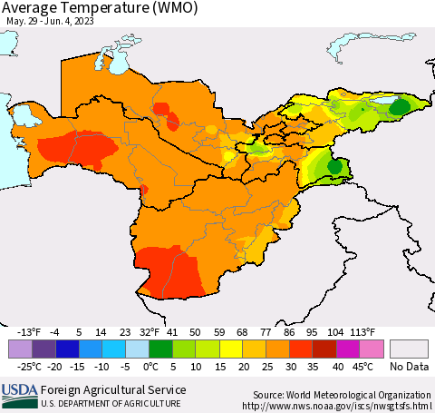 Central Asia Average Temperature (WMO) Thematic Map For 5/29/2023 - 6/4/2023