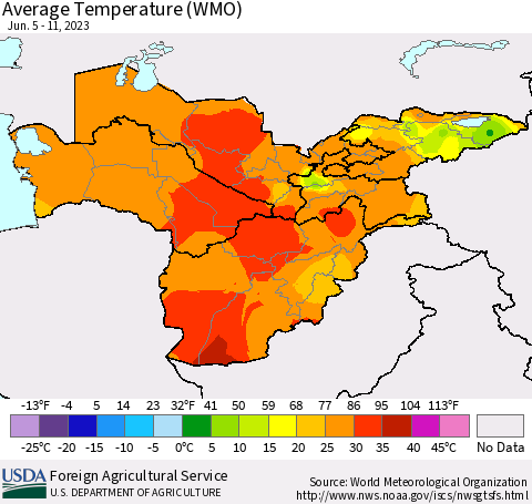 Central Asia Average Temperature (WMO) Thematic Map For 6/5/2023 - 6/11/2023