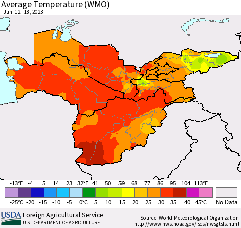 Central Asia Average Temperature (WMO) Thematic Map For 6/12/2023 - 6/18/2023