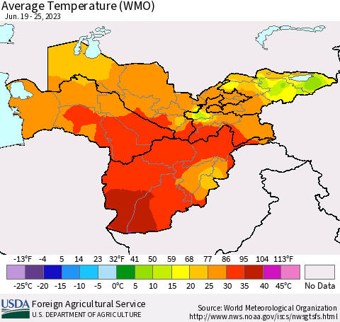 Central Asia Average Temperature (WMO) Thematic Map For 6/19/2023 - 6/25/2023