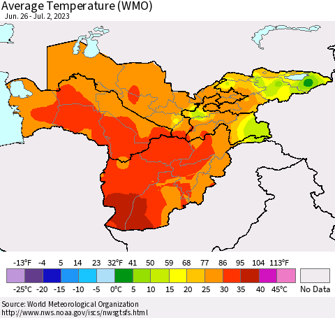 Central Asia Average Temperature (WMO) Thematic Map For 6/26/2023 - 7/2/2023