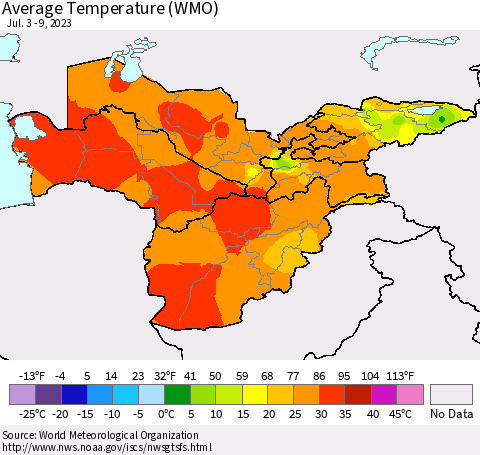 Central Asia Average Temperature (WMO) Thematic Map For 7/3/2023 - 7/9/2023