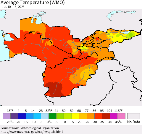 Central Asia Average Temperature (WMO) Thematic Map For 7/10/2023 - 7/16/2023