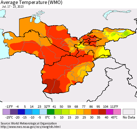 Central Asia Average Temperature (WMO) Thematic Map For 7/17/2023 - 7/23/2023