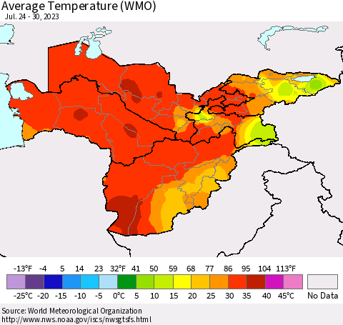Central Asia Average Temperature (WMO) Thematic Map For 7/24/2023 - 7/30/2023