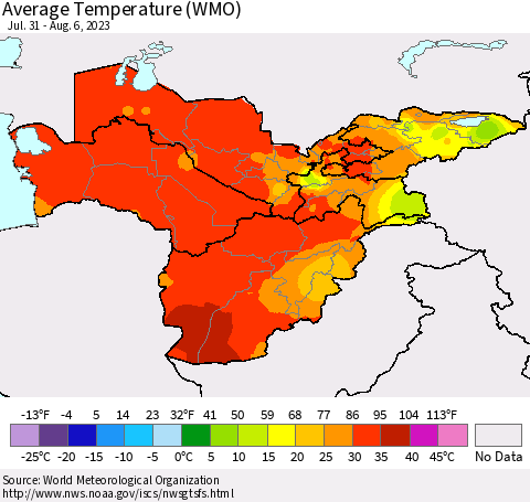 Central Asia Average Temperature (WMO) Thematic Map For 7/31/2023 - 8/6/2023