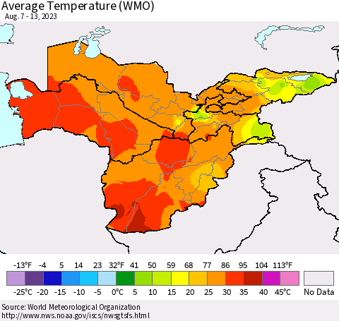 Central Asia Average Temperature (WMO) Thematic Map For 8/7/2023 - 8/13/2023