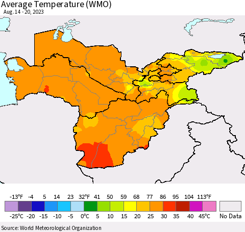 Central Asia Average Temperature (WMO) Thematic Map For 8/14/2023 - 8/20/2023