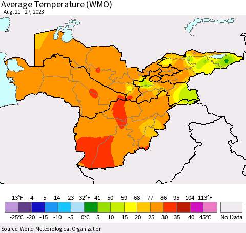 Central Asia Average Temperature (WMO) Thematic Map For 8/21/2023 - 8/27/2023