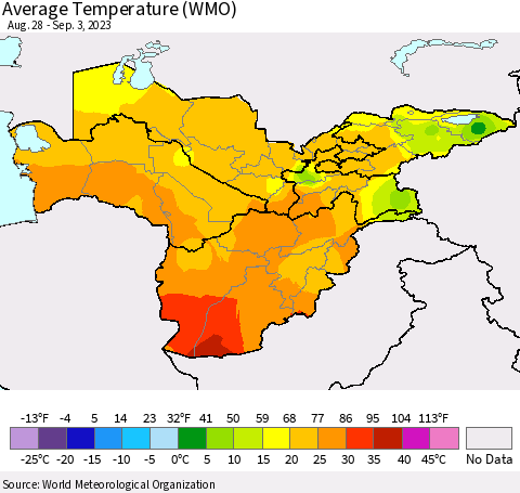 Central Asia Average Temperature (WMO) Thematic Map For 8/28/2023 - 9/3/2023