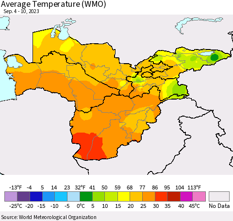 Central Asia Average Temperature (WMO) Thematic Map For 9/4/2023 - 9/10/2023