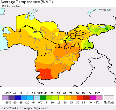 Central Asia Average Temperature (WMO) Thematic Map For 9/11/2023 - 9/17/2023