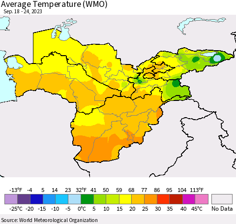 Central Asia Average Temperature (WMO) Thematic Map For 9/18/2023 - 9/24/2023